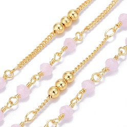Pearl Pink Handmade Brass Curb Chains, with Faceted Glass Links, Brass Beads and Spool, Soldered, Long-Lasting Plated, Real 18K Gold Plated, Pearl Pink, 1.7x1.3x0.4mm, Beads: 3.5x2.5~3mm and 3mm, about 32.8 Feet(10m)/roll