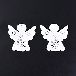 White Christmas Theme Spray Painted Wood Big Pendants, Angel Charm with Hollow Snowflake, White, 67x62.5x2mm, Hole: 3mm