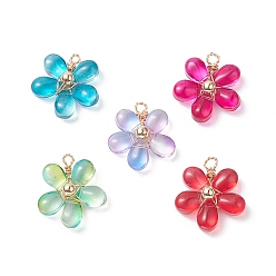 Mixed Color Transparent Glass Pendants, with Eco-Friendly Copper Wire, Long-Lasting Plated, Flower Charm, Mixed Color, 19x19x6.5mm, Hole: 1.8mm