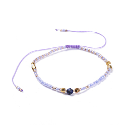 Lapis Lazuli Bracelets de perles tressées en fil de nylon ajustable, avec rocailles en verre et perles rondes en lapis-lazuli naturel à facettes (teinté), 2 pouce (5.2 cm)