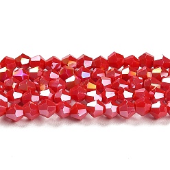 Red Opaque Solid Color Electroplate Glass Beads Strands, AB Color Plated, Faceted, Bicone, Red, 4x4mm, Hole: 0.8mm, about 87~98pcs/strand, 12.76~14.61 inch(32.4~37.1cm)