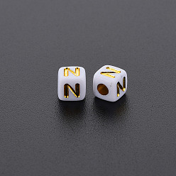 Letter N Opaque White Acrylic Beads, Metal Enlaced, Cube with Letters, Letter.N, 4.5mm, Hole: 2mm, about 5000pcs/500g