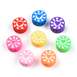 Mixed Color Handmade Polymer Clay Beads, Flat Round with Heart & Sun, Mixed Color, 9~10x5mm, Hole: 1.6mm