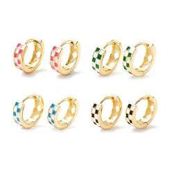 Mixed Color Tartan Pattern Enamel Chunky Hinged Huggie Hoop Earrings for Women, Real 18K Gold Plated Brass Jewelry, Cadmium Free & Nickel Free & Lead Free, Mixed Color, 13x4mm, Pin: 1mm