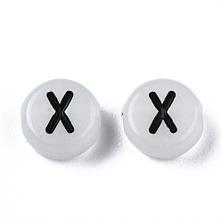 Letter X Acrylic Beads, with Enamel and Luminous, Horizontal Hole, Flat Round with Black Letter, Glow in the Dark, Light Grey, Letter.X, 7x3.5mm, Hole: 1.5mm, about 3600~3700pcs/500g