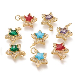 Mixed Color Brass Glass Pendants, with Micro Pave Clear Cubic Zirconia and Jump Ring, Star, Real 18K Gold Plated, Mixed Color, 15.5x14x6.5mm, Hole: 3.2mm