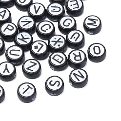 White Opaque Black Acrylic Beads,  Flat Round with Random Letter, White, 7x4mm, Hole: 1.5mm, about 3900pcs/500g