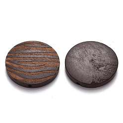 Coconut Brown Painted Natural Wood Beads, Laser Engraved Pattern, Flat Round with Zebra-Stripe, Coconut Brown, 30x5mm, Hole: 1.6mm
