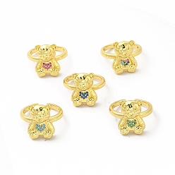 Mixed Color Cubic Zirconia Bear with Heart Open Cuff Ring, Golden Brass Jewelry for Women, Mixed Color, Inner Diameter: 17mm