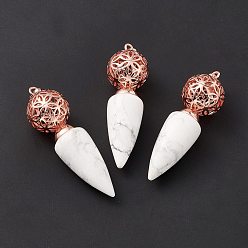 Howlite Natural Howlite Big Pendants, Cone Charms with Rack Plating Brass Hollow Ball, Rose Gold, Cadmium Free & Lead Free, 57~58x17.5~18mm, Hole: 8x5mm