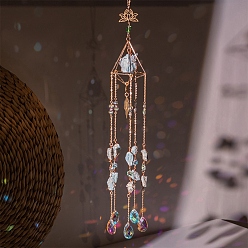 Aquamarine Rhombus Natural Aquamarine Chips & Glass Suncatchers, Hanging Pendant Decorations with Golden Metal Findings, 360mm