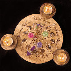 Moon 3 Cavities Wood Candle Holders, Flat Round Candlestick, Moon Phase & Star, 16cm