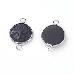 Black Agate Natural Black Agate Links connectors, with Platinum Tone Brass Cabochon Connector Settings, Flat Round with Tree, 23~24x15~16x5~6mm, Hole: 2.5mm