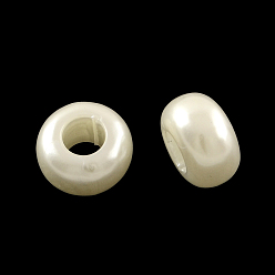 Blanc Abs plastique imitation perle rondelle grand trou perles européen, blanc, 12x7mm, trou: 5 mm, environ 980 pcs / 500 g