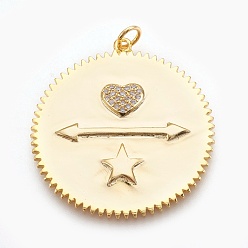 Real 18K Gold Plated Brass Micro Pave Cubic Zirconia Pendants, Long-Lasting Plated, Flat Round with Heart and Star, Lead Free & Nickel Free & Cadmium Free, Clear, Real 18K Gold Plated, 35x32x2mm, Hole: 3mm