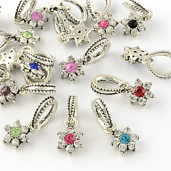 Mixed Color Flower Antique Silver Tone Alloy Rhinestone European Dangle Charms, Large Hole Pendants, Mixed Color, 13.5x9x3.5mm, Hole: 5.5x6.5mm