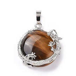 Tiger Eye Natural Tiger Eye Pendant, with Brass Finding, Half Round with Dragon, Platinum, 28~33x25~28x15~16mm, Hole: 5x8mm