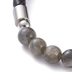 Labradorite Bracelets cordon en cuir unisexes, avec des perles rondes de labradorite naturelle, 304 fermoirs magnétiques en acier inoxydable et perles rondelles, avec boîte d'emballage en carton, 8-1/8 pouce (20.5 cm)