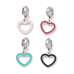 Mixed Color 304 Stainless Steel European Dangle Charms, Large Hole Pendants, with Enamel, Stainless Steel Color, Heart, Mixed Color, 21.5mm, Hole: 4.5mm