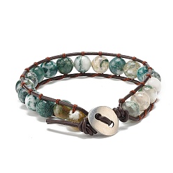 Colorful Natural Tree Agate Beaded Bracelet, Energy Round Beads Leather Wrap Bracelet for Girl Women, Colorful, 8-7/8 inch(22.5cm)