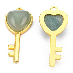 Green Aventurine Natural Green Aventurine Pendants, with Light Gold Plated Brass Findings, Key with Heart Charm, 38x17x6.5~7mm, Hole: 1.8mm