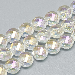 Clear Electroplate Glass Beads Strands, Rainbow Plated, Faceted, Flat Round, Clear, 8x5mm, Hole: 1.2mm, about 69~72pcs/strand, 21.26 inch