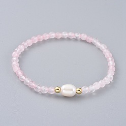 Cuarzo Rosa Natural aumentó de perlas de cuarzo estiran las pulseras, con cuentas de latón y perlas naturales, 2-1/2 pulgada (6.4 cm)