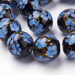 Bleu Bleuet Main fleurs intérieure perles de Murano brins, ronde, bleuet, 19~20mm, Trou: 2.5mm, 18 pcs / chapelet, 12.99 pouce