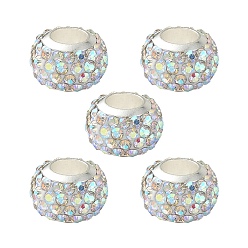 Crystal AB 304 Stainless Steel European Beads, with Polymer Clay Rhinestone, Large Hole Beads, Rondelle, Crystal AB, 11x7.5mm, Hole: 5mm