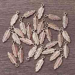 Rose Gold Tibetan Style Alloy Pendants, Feather, Rose Gold, 15x5x1.5mm, Hole: 1mm.