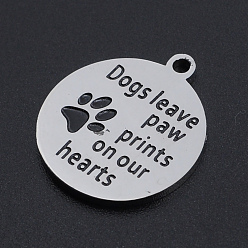 Stainless Steel Color 201 Stainless Steel Etched Pendants, Quote Charms, Flat Round, Paw Print, Stainless Steel Color, 22x19x1.5mm, Hole: 1.8mm