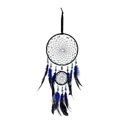 Bleu Toile/filet tissé en fer avec des décorations de pendentifs en plumes, avec des perles en plastique et en bois, recouvert de cuir et cordon de bande de velours, plat rond, bleu, 515mm