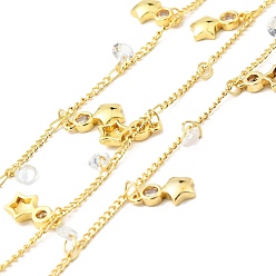 Golden Rack Plating Brass Curb Chains, with Clear Cubic Zirconia Star Charms, Long-Lasting Plated, Unwelded, with Spool, Cadmium Free & Lead Free, Golden, 1.5mm