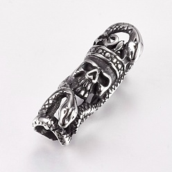 Antique Silver 304 Stainless Steel Hollow Tube Beads, Snake and Skull, Large Hole Beads, Antique Silver, 32x10x12mm, Hole: 6.5mm