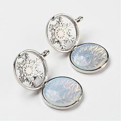 Opalite Opalite Pendants, with Brass Diffuser Locket Findings, Flat Round with Snowflake, 31x26x8mm, Hole: 4mm