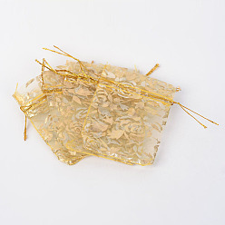 Verge D'or Rose imprimée en organza sacs, sacs-cadeaux, rectangle, verge d'or, 14~15x10 cm