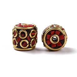 Red Handmade Indonesia Beads, with Brass Findings, Antique Golden, Column with Rhombus, Red, 11.5x11mm, Hole: 1.8mm