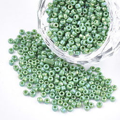 Medium Sea Green Opaque Glass Seed Beads, Rainbow Plated, Round, Medium Sea Green, 3mm, Hole: 1mm, about 10000pcs/bag