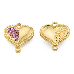 Real 18K Gold Plated 304 Stainless Steel Connector Charms, with Light Rose Rhinestone, Heart, Real 18K Gold Plated, 14x13x3mm, Hole: 1.2mm & 1.6mm