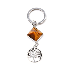 Œil De Tigre Porte-clés pendentif détachable en forme de pyramide d'oeil de tigre naturel, Breloque arbre de vie en métal pour ornements de sac à clés de voiture, 6.6x2 cm