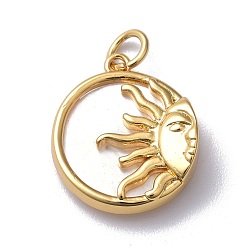 Real 18K Gold Plated Natural Shell Pendants, with Brass Findings & Jump Ring, Long-Lasting Plated, Flat Round with Sun, Real 18K Gold Plated, 18x15.5x4mm, Jump Ring: 5x1mm, 3mm Inner Diameter
