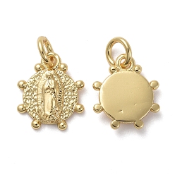 Golden Religion Brass Charms, with Jump Rings, Flat Round with Goddess, Golden, 11x9.5x2mm, Hole: 3mm