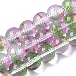 Medium Sea Green Transparent Spray Painted Glass Bead Strands, with Golden Foil, Round, Medium Sea Green, 10~11mm, Hole: 1.4~1.6mm, about 39~42pcs/Strand, 14.84 inch~15.27 inch(37.7~38.8cm)