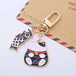 Black Alloy Enamel Pendant Keychain, with Alloy Swivel Clasps, Koi Fish with Fortune Cat, Black, 6.5cm
