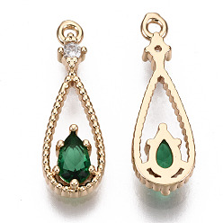 Sea Green Brass Micro Pave Cubic Zirconia Pendants, with Glass, Teardrop, Long-Lasting Plated, Light Gold, Sea Green, 17.5x6x2.5mm, Hole: 1mm