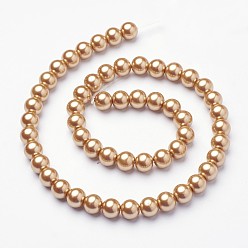 Verge D'or Foncé Brins de perles rondes en verre teinté écologique, Grade a, cordon en coton fileté, verge d'or noir, 8mm, Trou: 0.7~1.1mm, Environ 52 pcs/chapelet, 15 pouce
