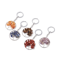 Platinum Natural Gemstone Keychain, with Alloy Split Key Rings, Ring with Tree, Platinum, 11.5cm