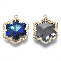 Sapphire Glass Rhinestone Pendants, with Light Gold Plated Brass Open Back Settings, Snowflake, for Christmas, Sapphire, 28x22x9mm, Hole: 1.6mm