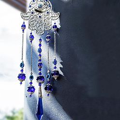Dark Blue Hamsa Hand/Hand of Miriam with Evil Eye Alloy Pendant Decoration, Hanging Suncatcher, with Glass Cone Charm, Dark Blue, 490mm