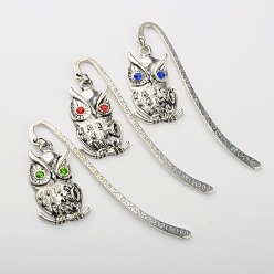 Mixed Color Tibetan Style Alloy Bird Bookmarks, with Grade A Rhinestone, Owl, Antique Silver, Mixed Color, 84mm, Owl: 39x19x4mm